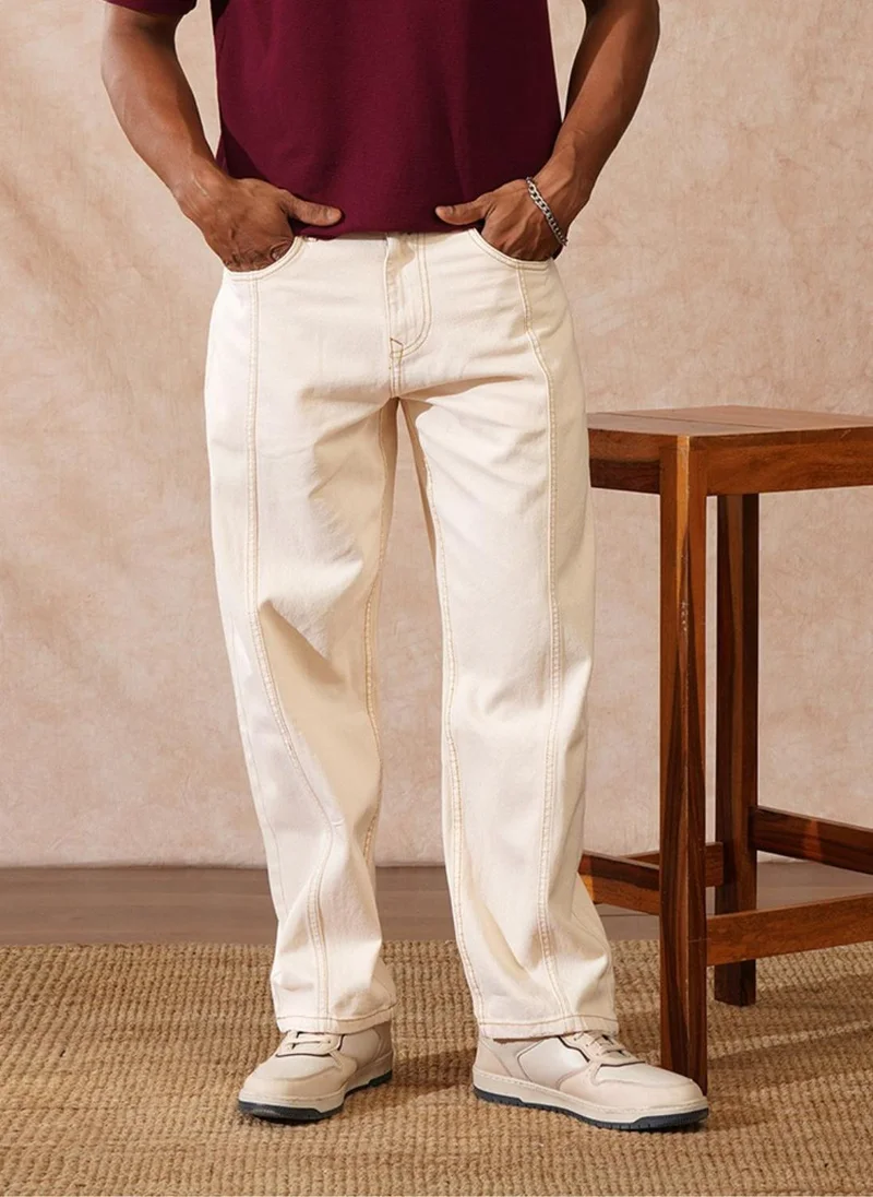 Cut & Sew Loose Fit Jeans | Beige